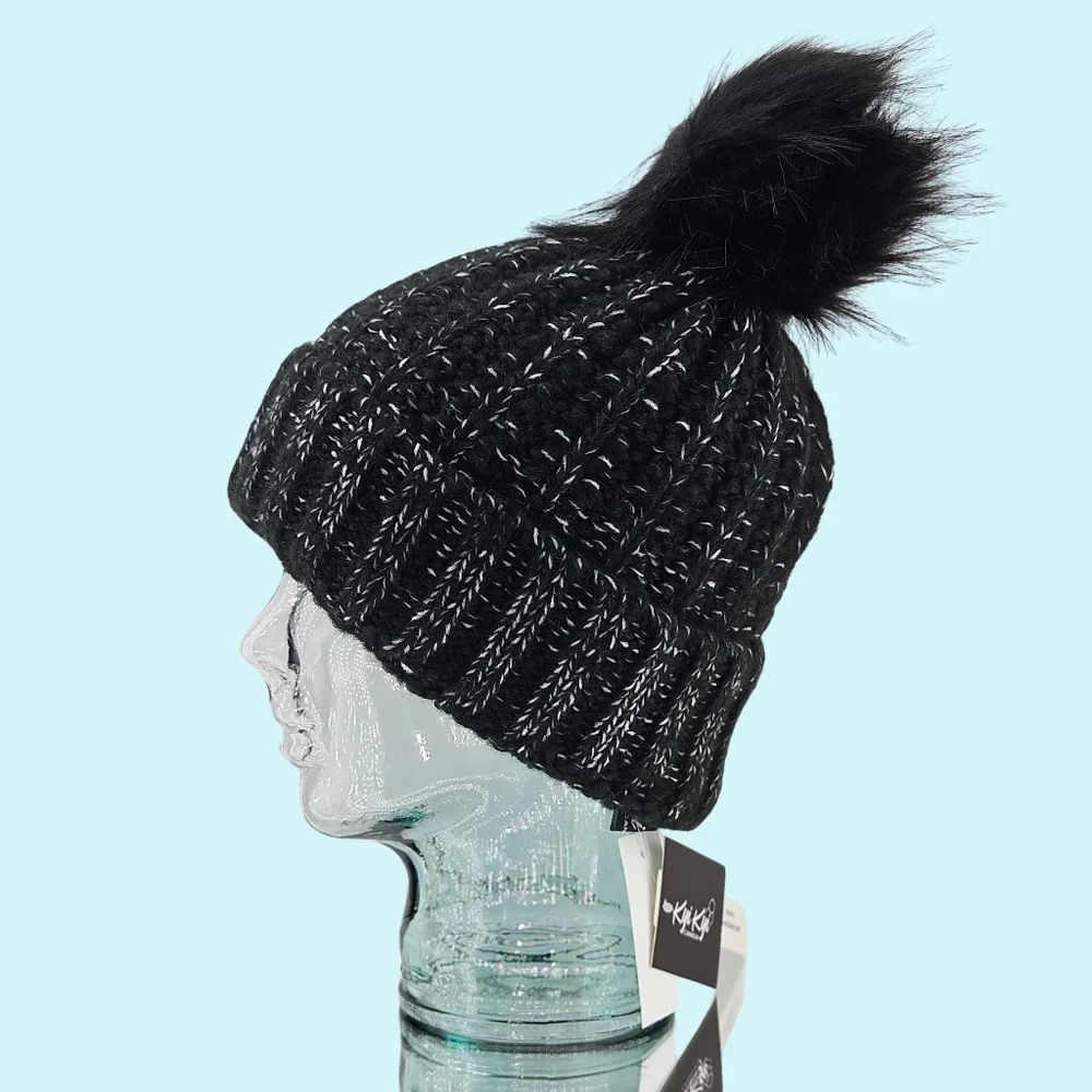 Kyi Kyi Hat Beanie Black Chunky Ribbed Cuffed Faux Fur Pom Pom Cottagecore Gift